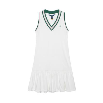 Polo Dress Logo Striped Trim V-Neck Sleeveless Optical White Kids Dresses 935124001-001