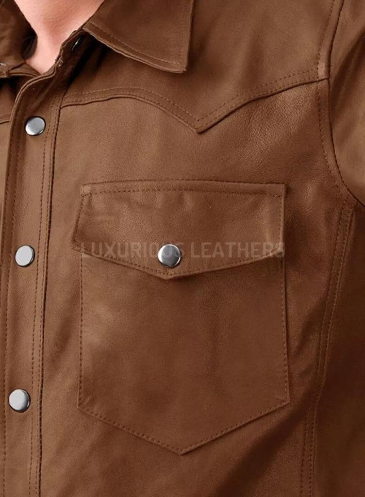 Formal Casual Shirt Wear Men Real Soft Lambskin Leather Stylish Brown Handmade