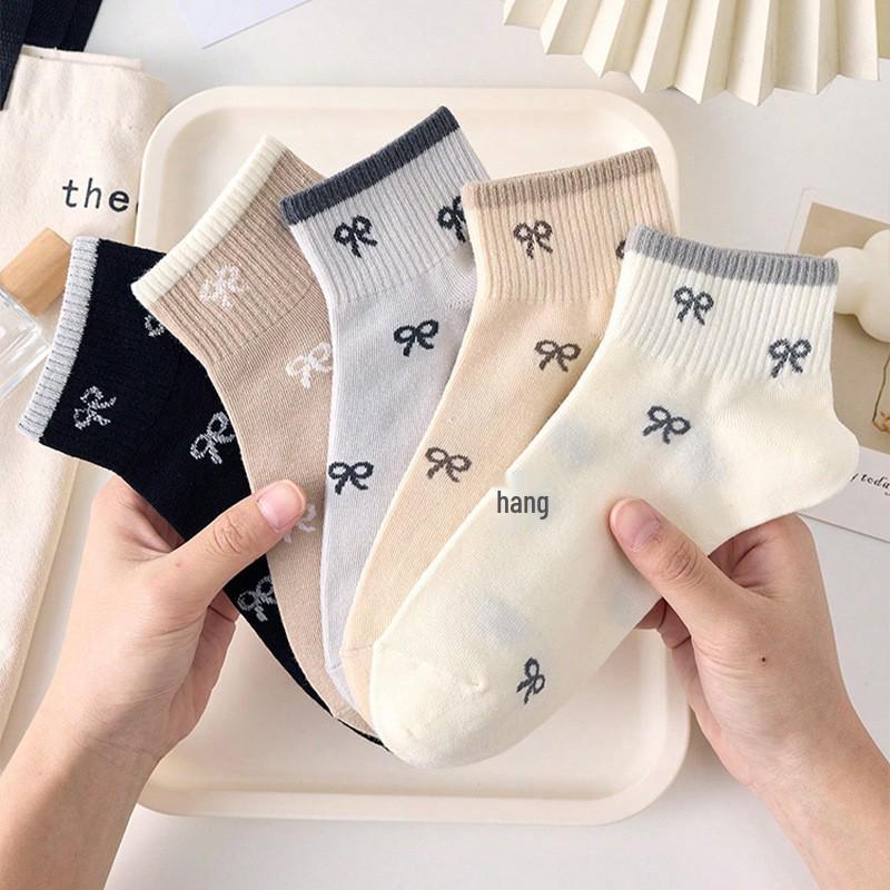Spring/Summer Korean-Style Bow Knot Non-Slip Boat Socks - Coffee Color, Breathable, Low Cut.