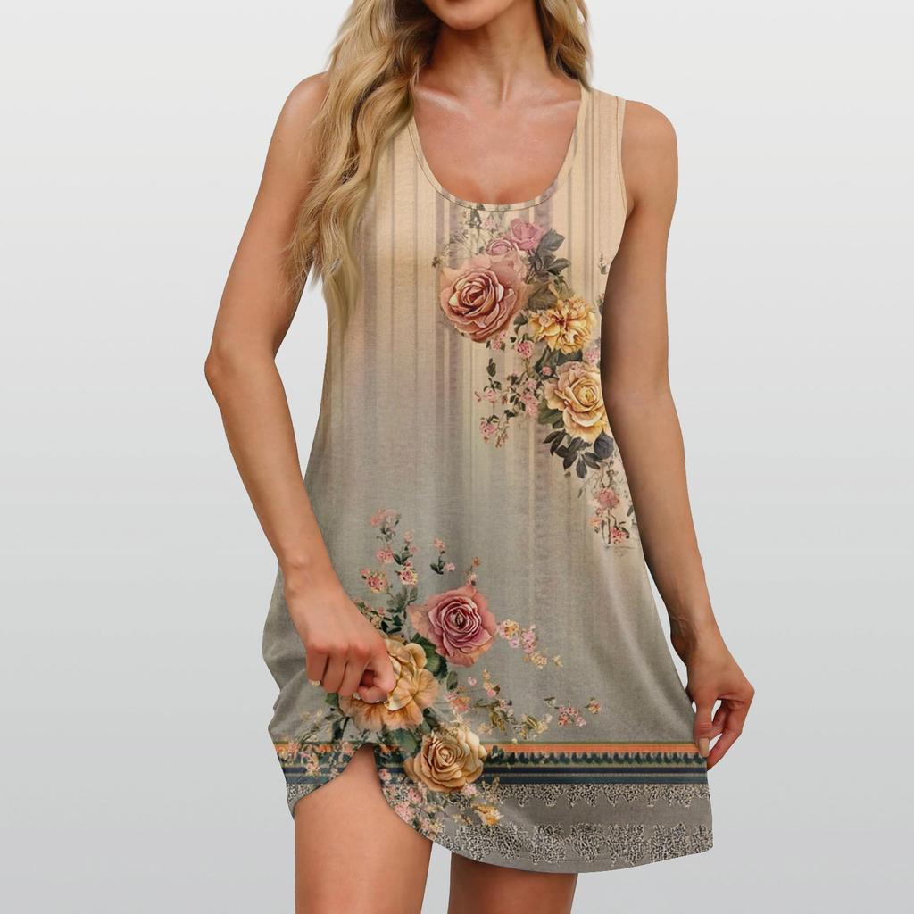 Damen Sommerkleid, lässig, quadratischer Ausschnitt, Blumendruck, ärmellos, mit Taschen