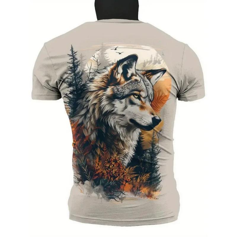Animal Wolf Pattern Men's T-shirt Fashionable Round Neck Short Sleeved Top