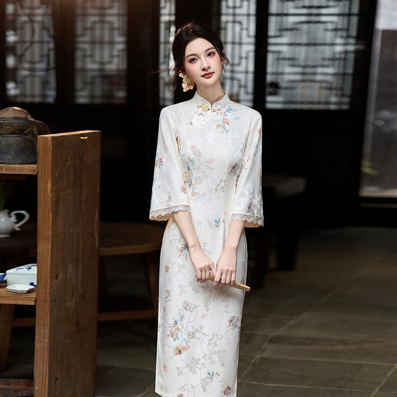 Blue national style new Chinese style Suzhou long-sleeve autumn improved qipao mid-sleeve 1011 new youth women's spring and autumn wear