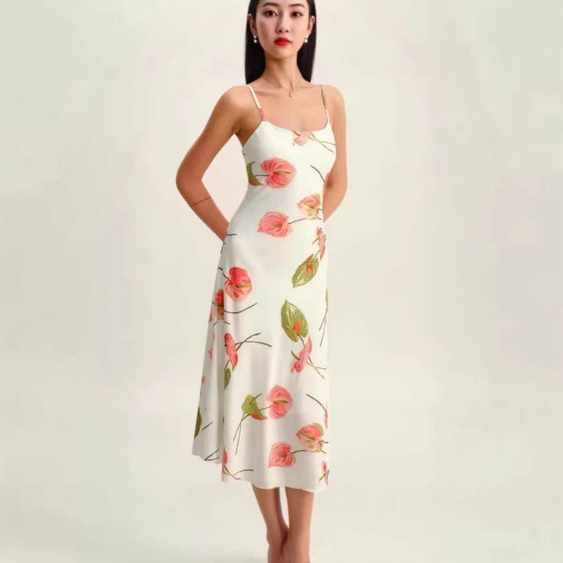 2026 Европейское и американское трансграничное ретро-праздничное платье в цветочный принт, сексуальное, летнее, без бретелек, облегающее, длинное Flower color S