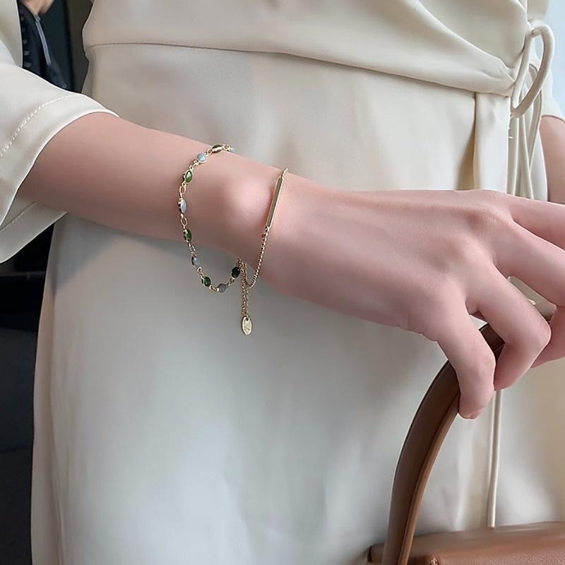 French Retro Romantic Double Metal Gold Bracelet for Woman 2021 New Fashion Jewelry Party Unusual Oval Green Crystal Bracelet