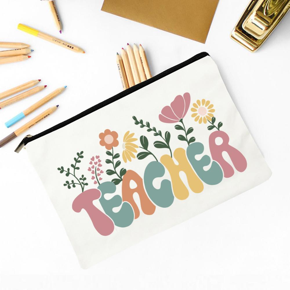 Teacher Flower Print Pencil Case Travel Makeup Bag School Stationery Supplies Storage Bags Wash Pouch Cosmetic Bags Teacher Gift