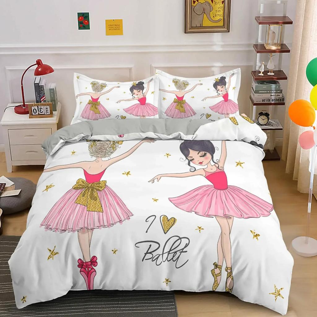 Comforter Girly Ballet Queen Ballet Theme Cartoon Bedding Set Cute Little Dancers Comforter Ballerina Bedding 2/3 Pcs