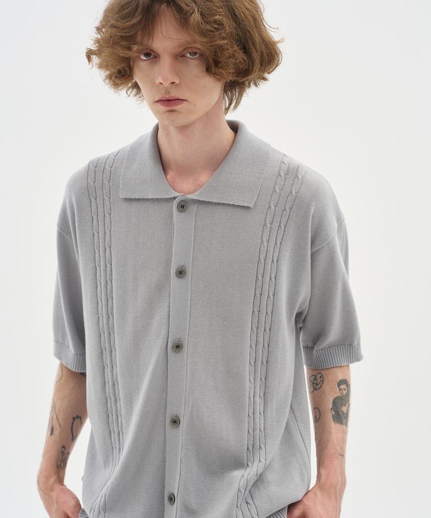 Blond9 Soft Cable Collar Short Sleeve Cardigan_Gray