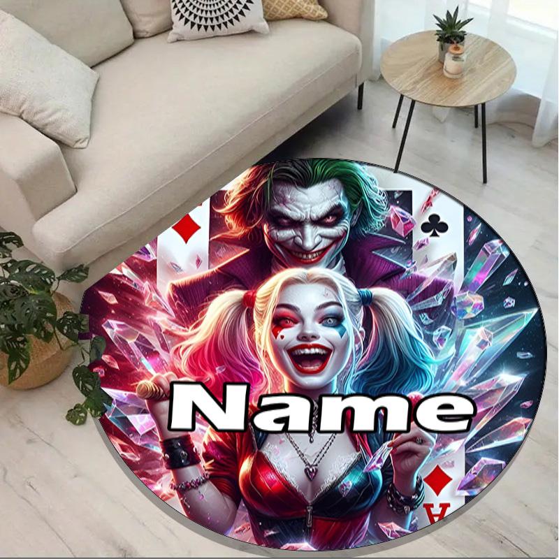 Custom Name Personalized Harley Quinn Joker Print Round Rug, Versatile Home Decor Carpet, for Playroom, Apartment, Balcony, Entryway, Hallway Gift