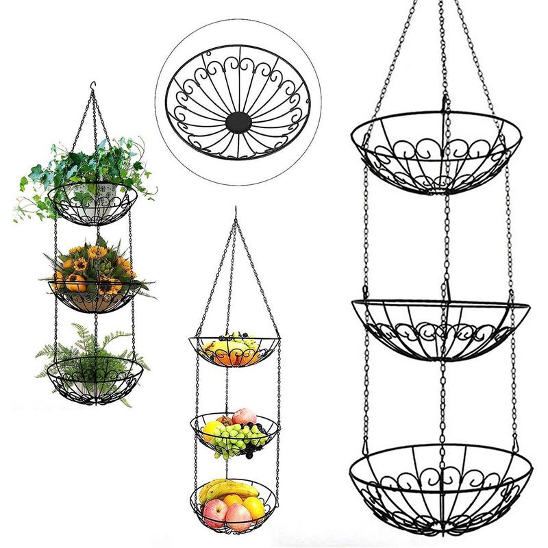 Hanger Produce Basket Metal Fruit Basket Wire Basket Fruit Bowl With 3 Tiers & Hooks Kitchen Fruit Stand Space Saving Vegetable
