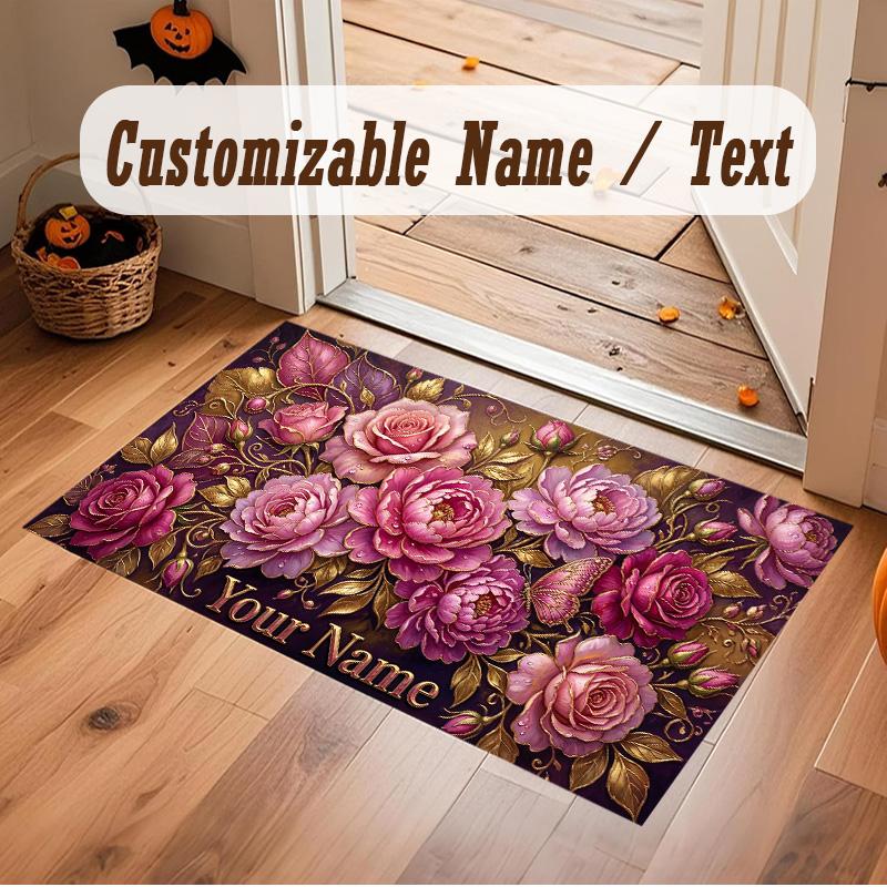 Floral Garden Theme Soft Crystal Velvet Rug Custom Name & Text Print Non Slip Floor Rug for Bedroom Living Room