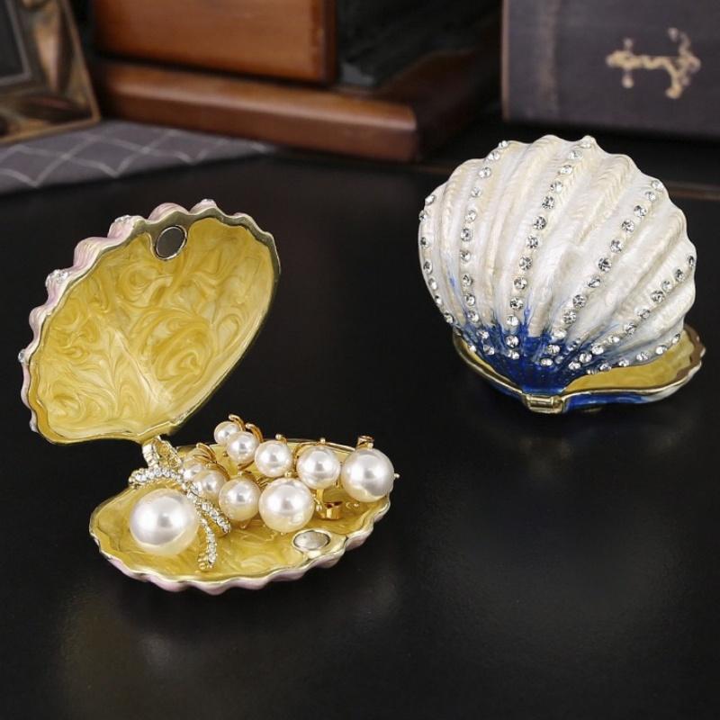 Mini Jewelry Storage Box Inlaid Gem Organizer Shell Shape Portable Alloy Storage Earrings Ring Dresser Home Desktop Decorative