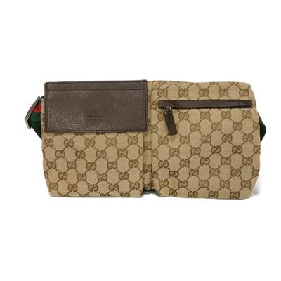 Used 9539 GG Canvas Waist Bag 28566 7929 Logo Embossed Calfskin Brown Shoulder Bag with Web Stripe Beige Men's from
