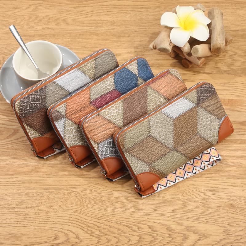 Women's Bag Printed Grid Contrasting Color Medium Long Wallet Large Capacity Coin Purse