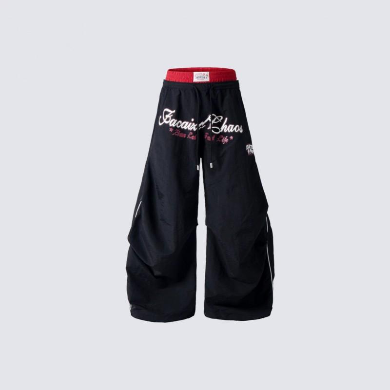 Black Red Faux Two Piece High Waist Wide Leg Pants American Vintage Letter Print Cargo Trousers Teens