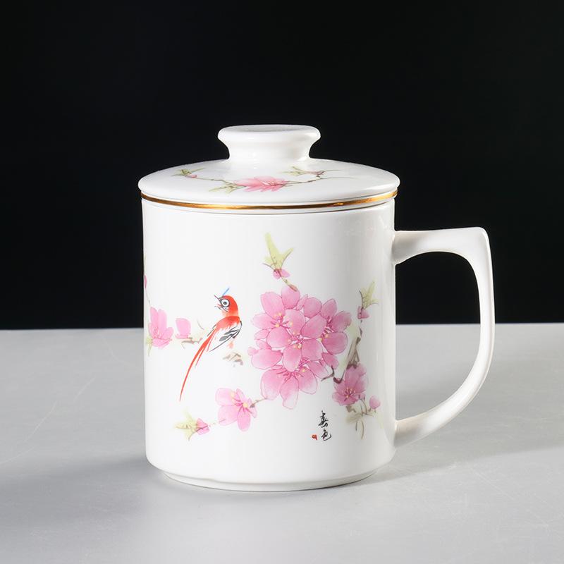 Chinese Ceramic Teacup with Lid Tea Spacer Cup Office Meeting Brewing Cup with Filter Tea Water Separation Cup