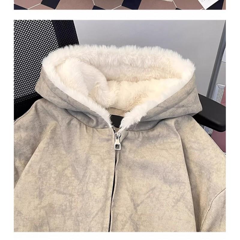 Oversized Hooded Zip-Up Fleece-Lined Cotton Jacket Men Women Winter Warm Loose Casual Outerwear