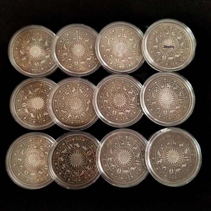 Antique Iron Box of European and American Silver Zodiac Coins
