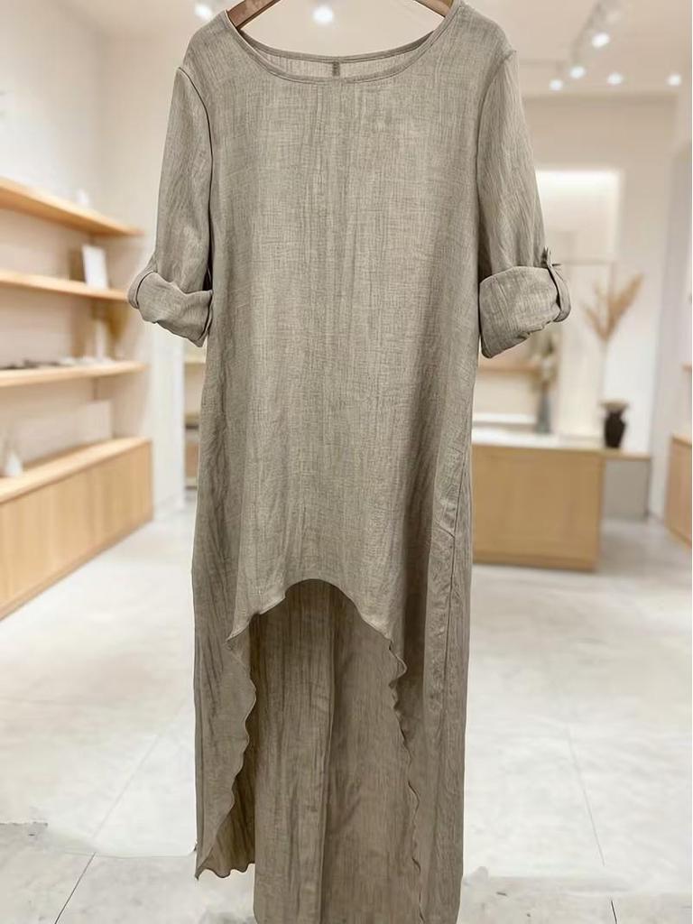 Women's Linen Irregular Long Top - Round Neck, Loose Fit, High-Low Hem, Versatile Fashion Shirt