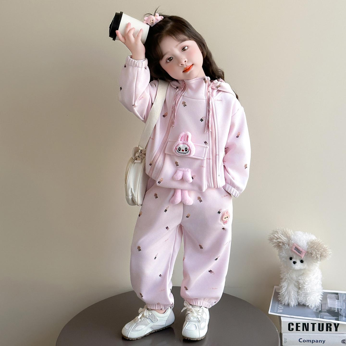 

Комплект худи и брюк с мультяшным принтом для девочек 2025 - Повседневный костюм-двойка на весну/осень 120 cm розовый