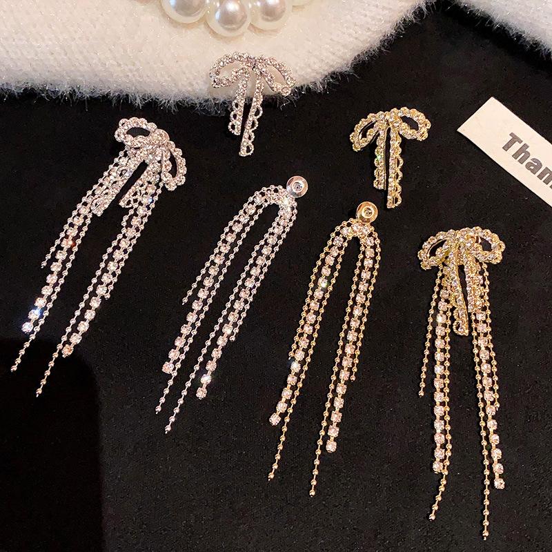 Exquisite Rhinestone Bow Kont Dangle Earrings for Women Girl New Fashion Long Tassel Double-Purpose Earrings Jewelry Accessories