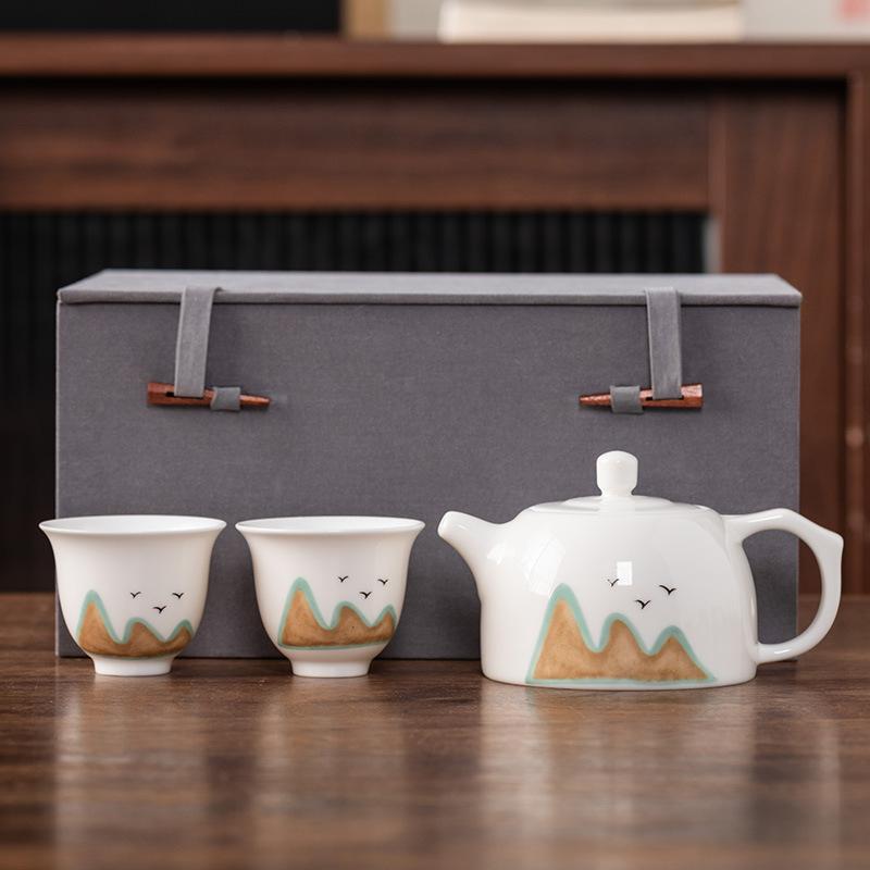 Beam Pot One Pot and Two Cups Suet Jade Porcelain Light Luxury Kung Fu Tea Set Kuaike Cup High-end Brocade Box Gift Box