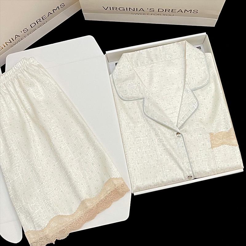 Striped High-End Thousand Bird Grid Pajamas, Women Can Wear Imitation Silk Short-Sleeved Two-Piece Loungewear