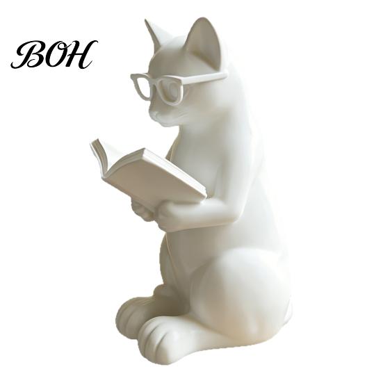Desktop Cat Decoration 3D Printed Reading Figurine, Decorative Ornament with Weighted Anti-Slip Base, Unique Gift Idea Intellectual Statue Eye Glasses