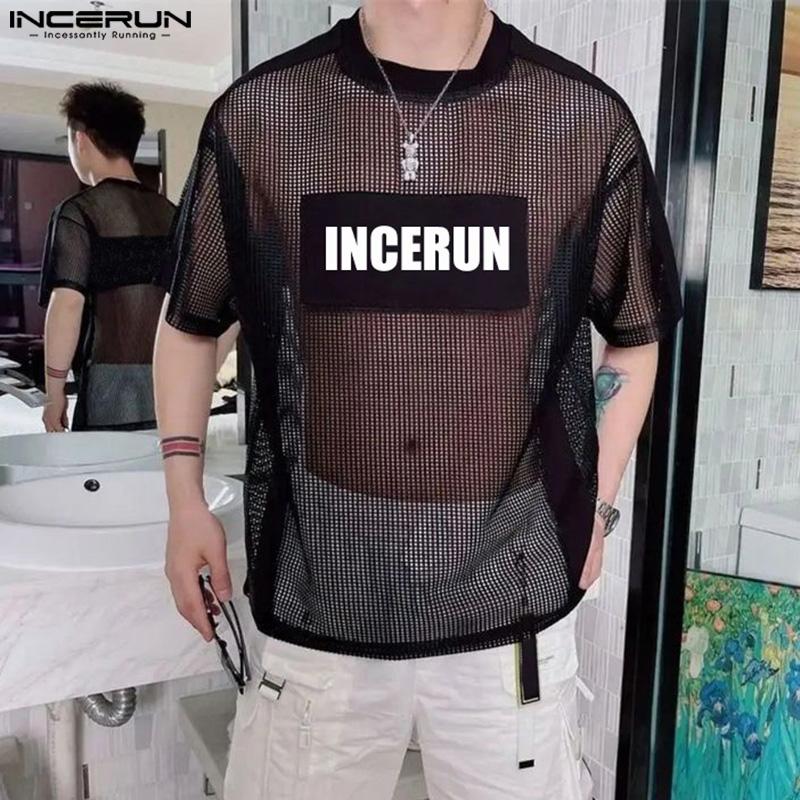 

INCERUN Men O Neck Short Sleeve Letter Print Fishnet Mesh Sheer T-Shirts Tops 5XL чорний