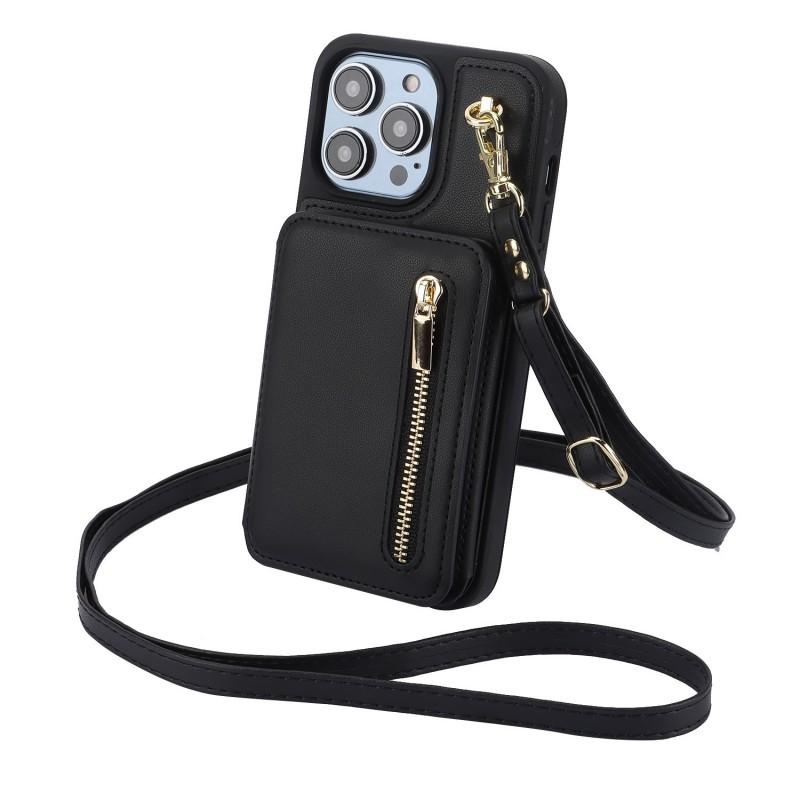 Creative Zipper Card Holder Phone Case IPhone 17 Pro With Adjustable Strap TPUPU Protective Cover Kickstand Magnetic
