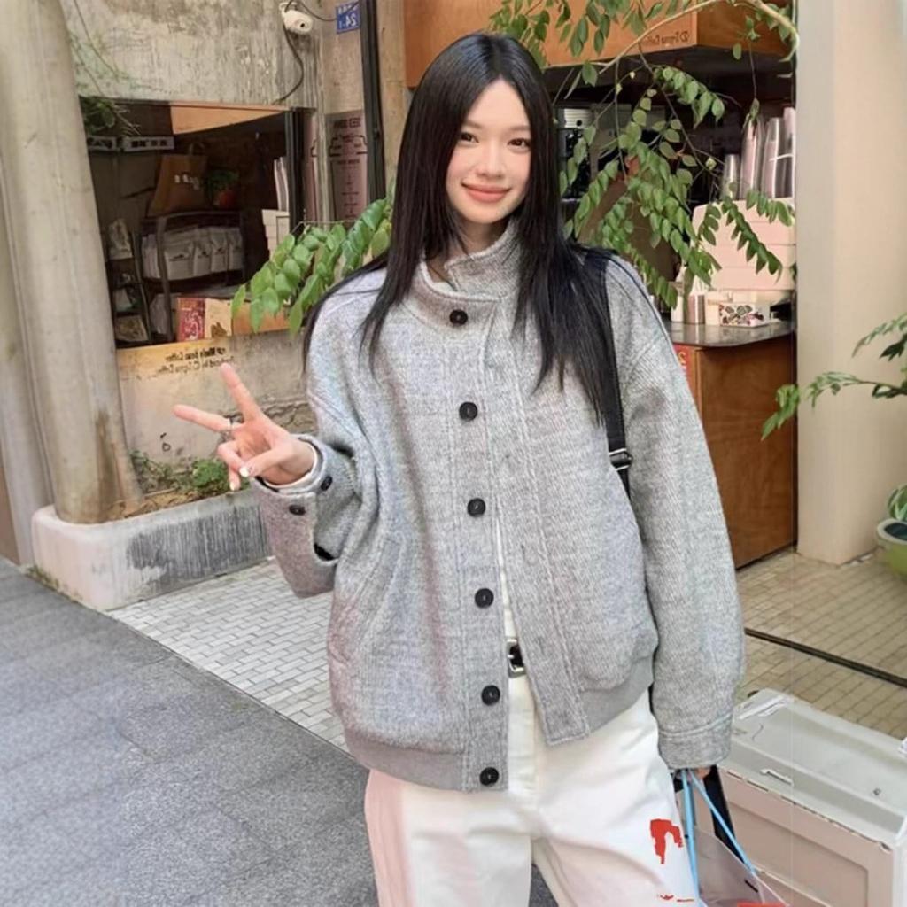 American Retro Gray Stand-up Collar Woolen Jacket Jacket Women's Autumn and Winter Design Sense Niche Loose Casual Versatile...