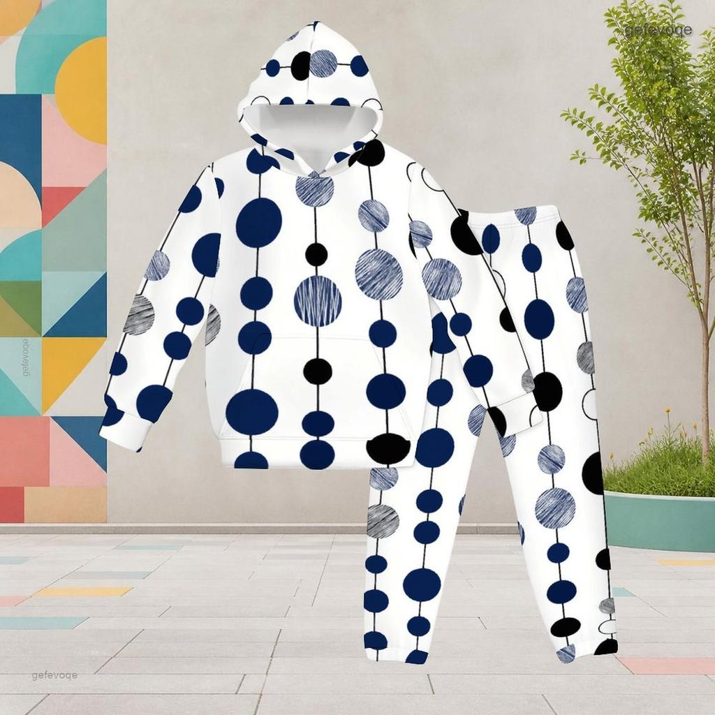 Girls Colorful Geometric Printed Hooded Long Sleeve Two Piece Pants Set Kangaroo Pocket Cuffed Pants