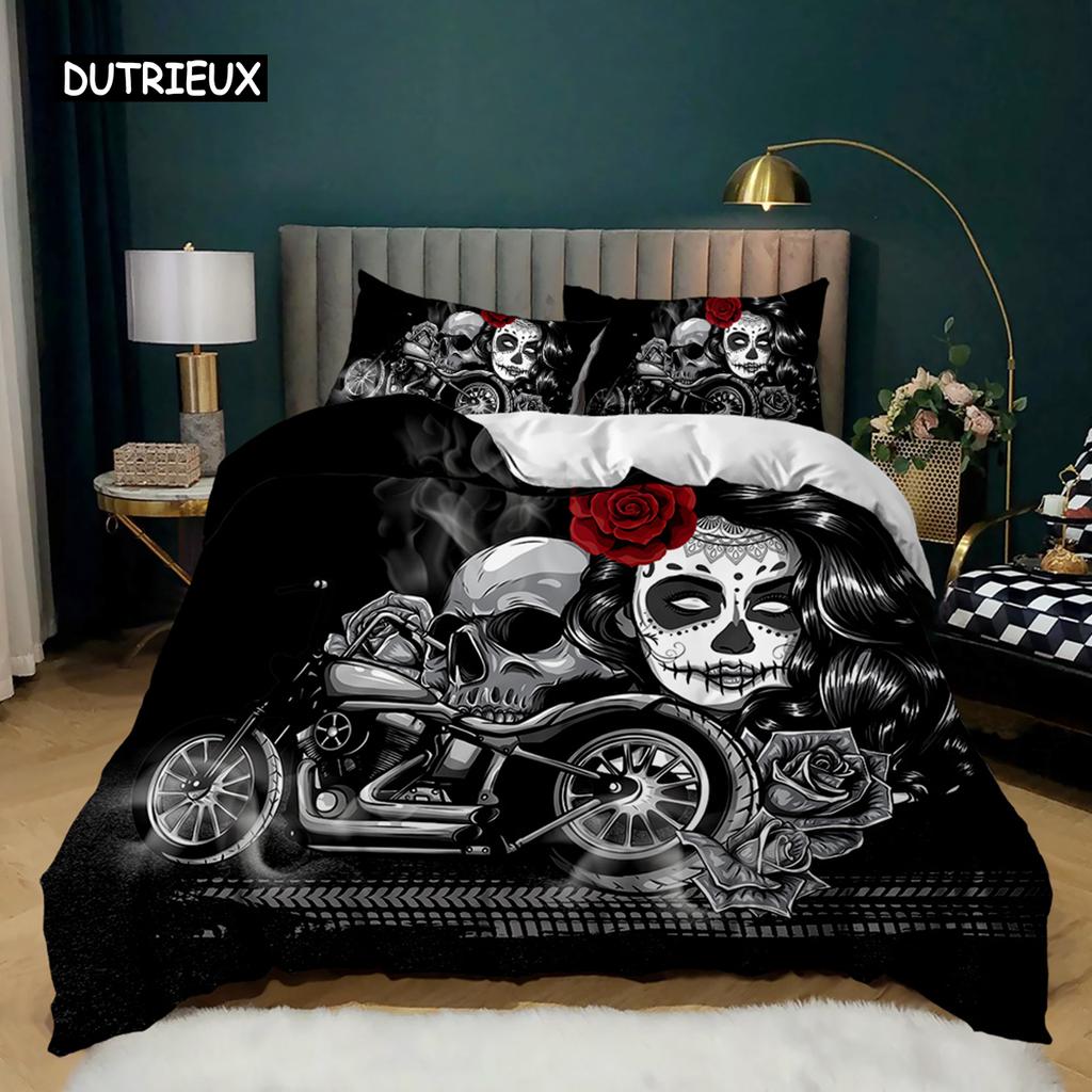 Skull Duvet Cover Red Rose Skeleton Queen Floral Skeleton Traditional Mexican Halloween Double Queen King Polyester Qulit Cover