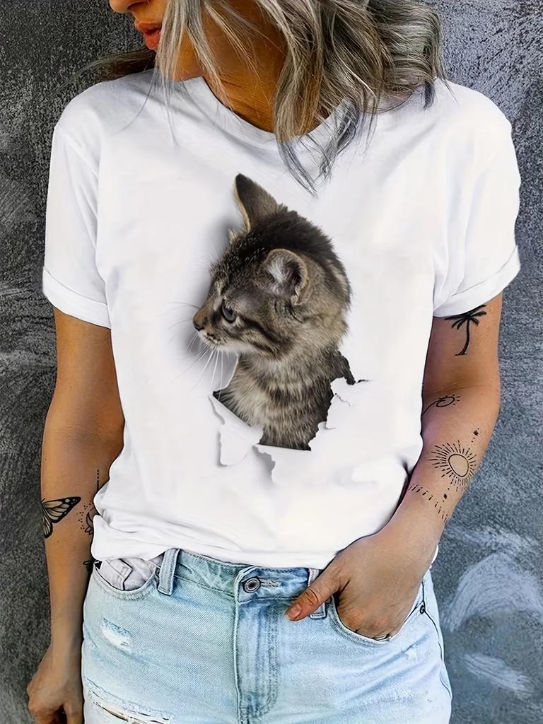 Casual Every Day Tops Womens Clothing Cute Cat Print TShirt Crew Neck Short Sleeve TShirt