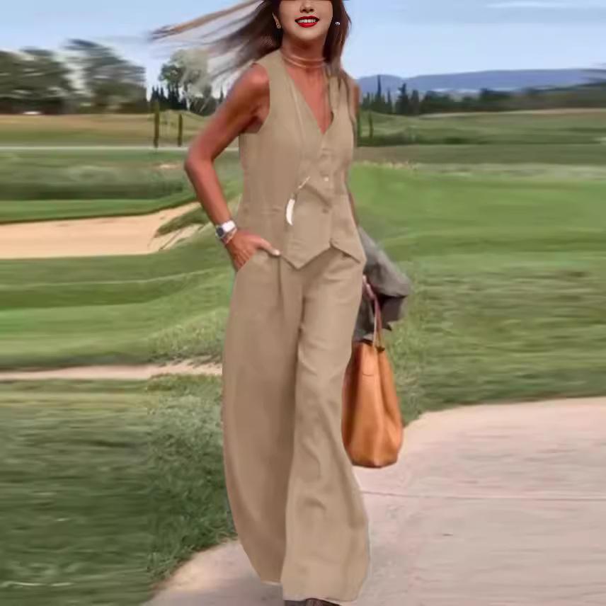 2025 Women's Fashion: European & American Solid Color Vest and Long Pants Two-Piece Casual Set