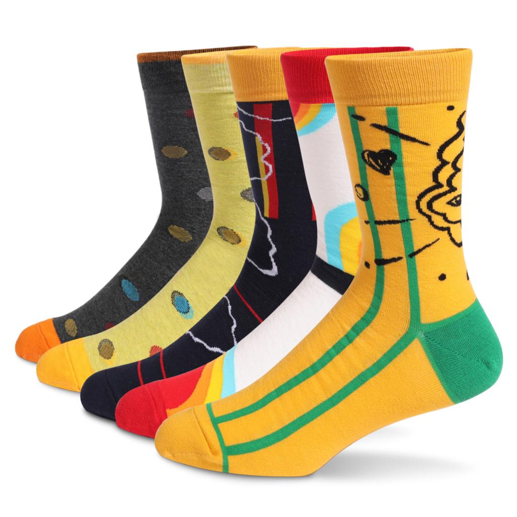 5Pairs Mens Fun Dress Socks Pattern Funny Socks Pack Colorful Striped Combed Cotton Novelty Socks Cool Breathable Casual Socks