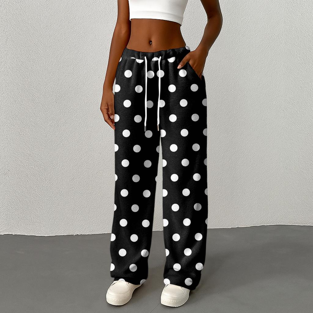 Kvinners avslappet mote trykte elastisk midje løse rette ben bukser med snor