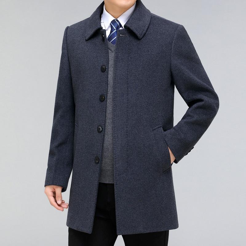 Middle-aged and Elderly Button Cashmere Coat Men's Medium-length Autumn and Winter Thickened Daddy Woolen Woolen Windbreaker Lapel Coat