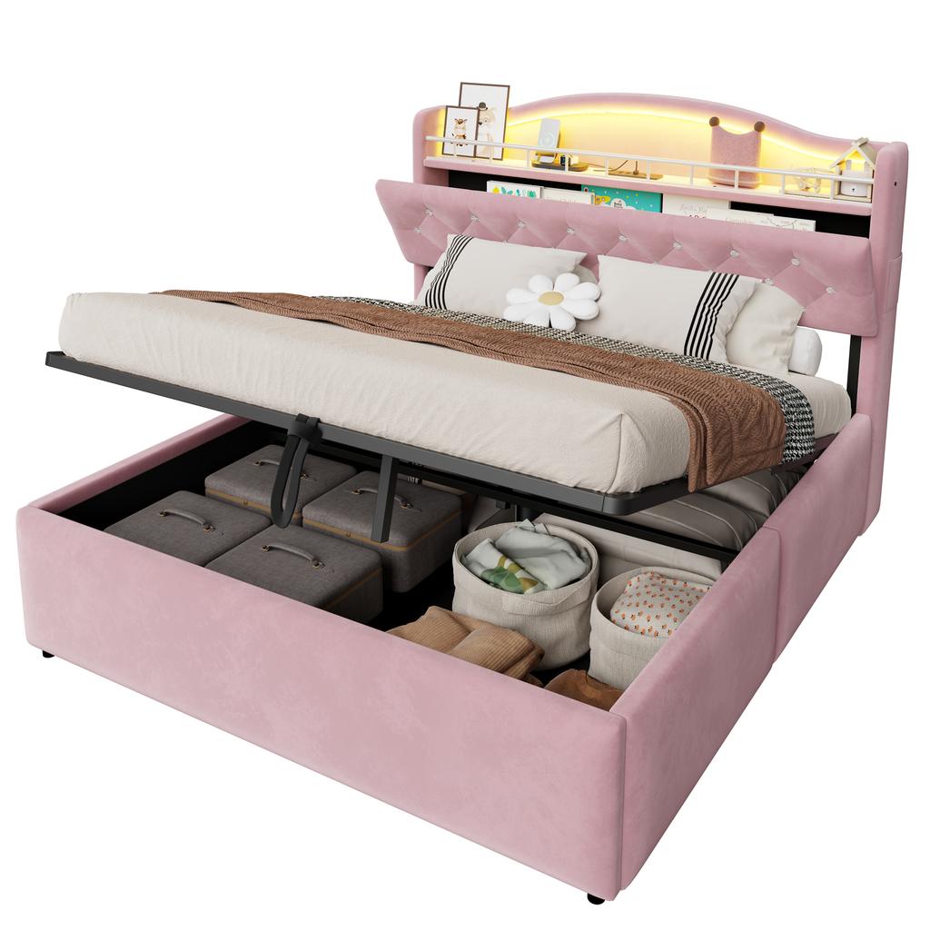 Upholstered bed 140 x 200 cm, hydraulic storage, velvet cover, LED headboard light, USB & USB-C charging, headboard storage, metal bed base, pink