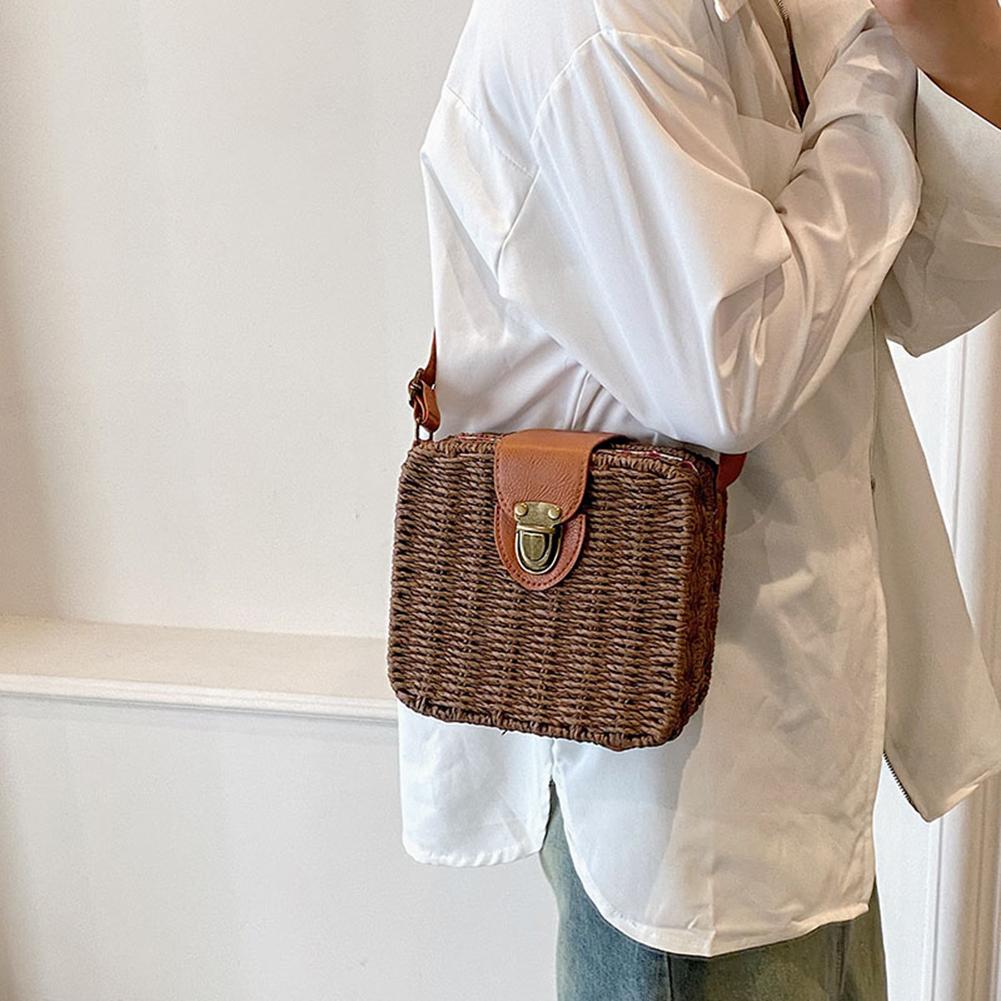 Women Crossbody Bags Fashion Woven Hand-woven Bag Casual Holiday Simple Handmade Adjustable Straps Small Square Bag