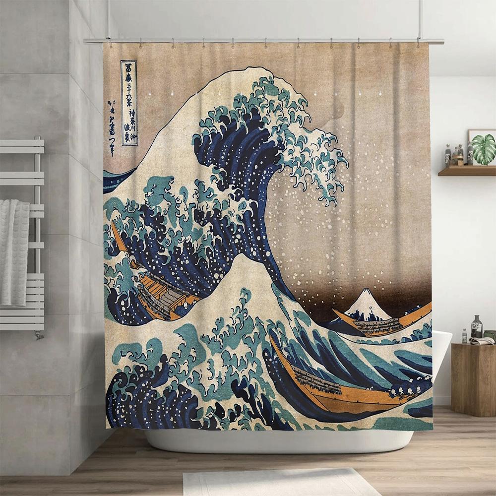 Tenda Doccia Arte Ondulato Giapponese Decorazione Bagno a Tema Spiaggia Oceanica Vibe Costiere Stampa Paesaggio Marino Sfondo Tessile per la Casa