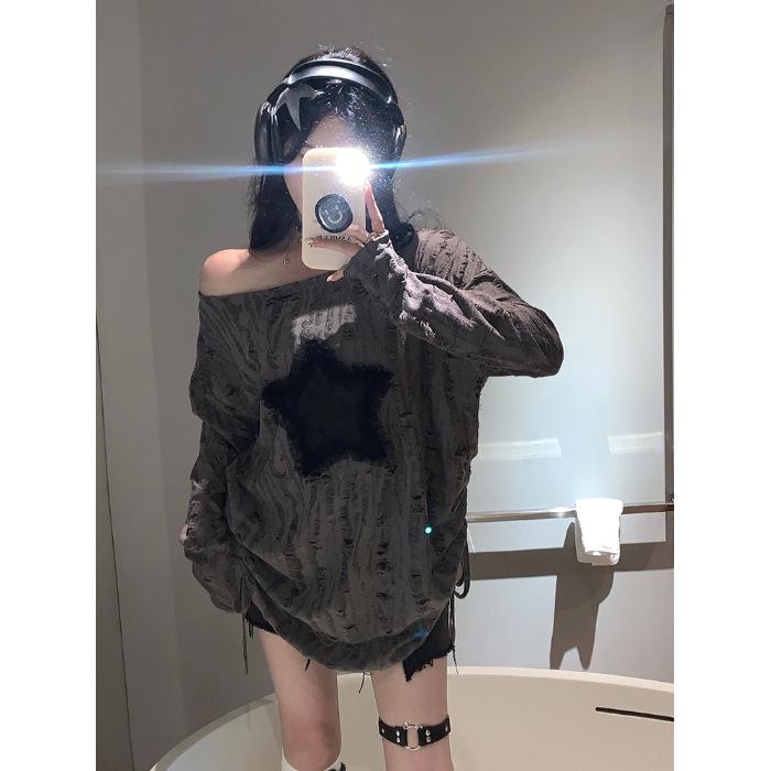 Women's Star Design Off-Shoulder Long-Sleeve T-Shirt - Spicy Girl Autumn Edition, Loose Fit with Drawstring Hem