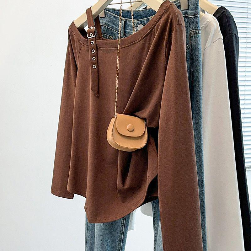 Plus Size Irregular One-Shoulder Long-Sleeve T-Shirt - Women's New Loose Slimming Top for Spring and Autumn