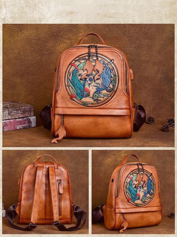 Johnature Rucsac vintage din piele naturală, lucrat manual în relief, pentru femei, pentru petrecerea timpului liber, rucsacuri de călătorie din piele naturală de vacă de mare capacitate