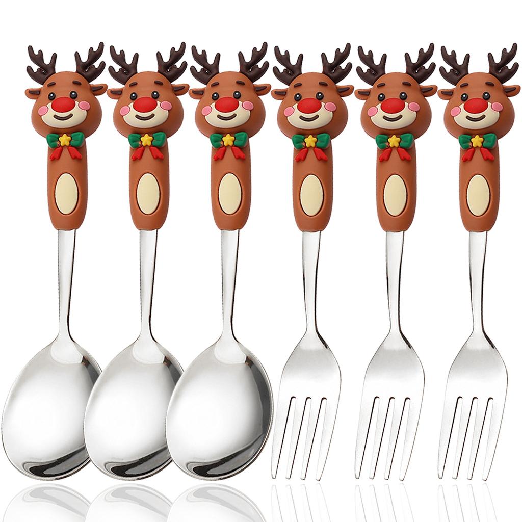 6pcs Stainless Steel Christmas Dinnerware Set Cake Fork Coffee Spoon Party Tableware Christmas Tree Moose Snowman Fork Spoon Set