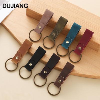 Vintage Minimalist Crazy Horse Leather Keychain: Personalized Genuine Leather Keyring Holder Gift