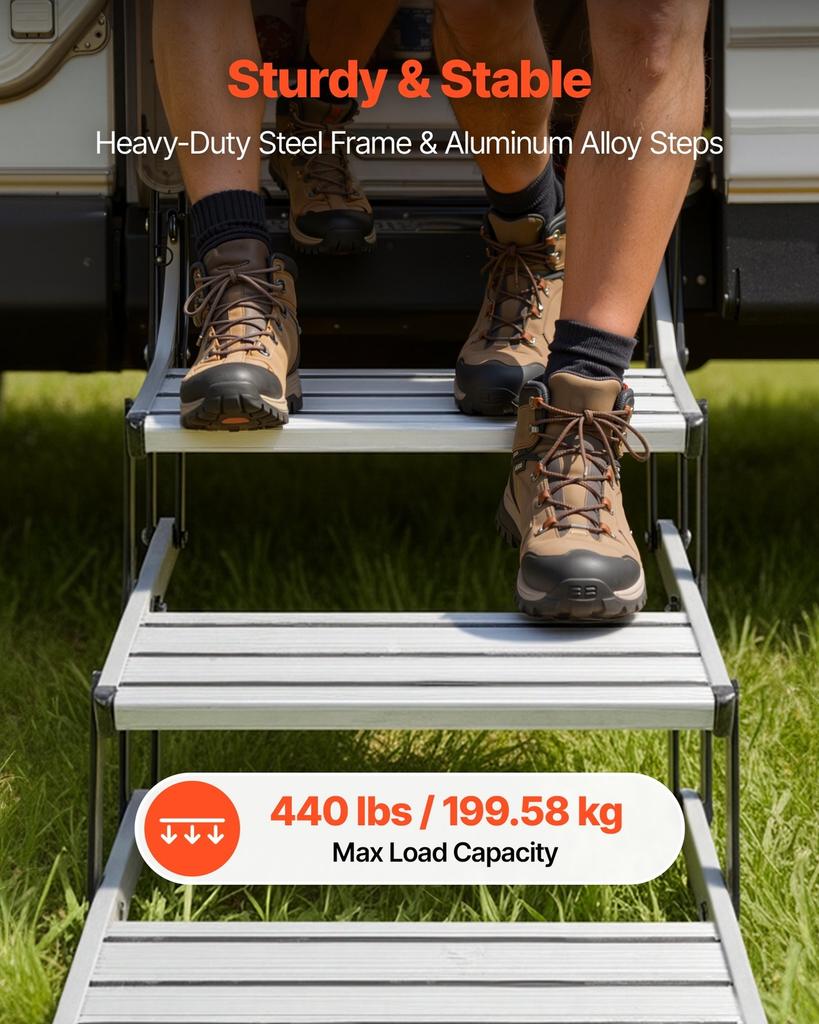 RV Steps, 3-Step, 200 kg Load Capacity, Manual Retractable RV Stairs, Telescopic Folding Aluminum Alloy Camper Steps, Steel Frame Non-Slip Entry