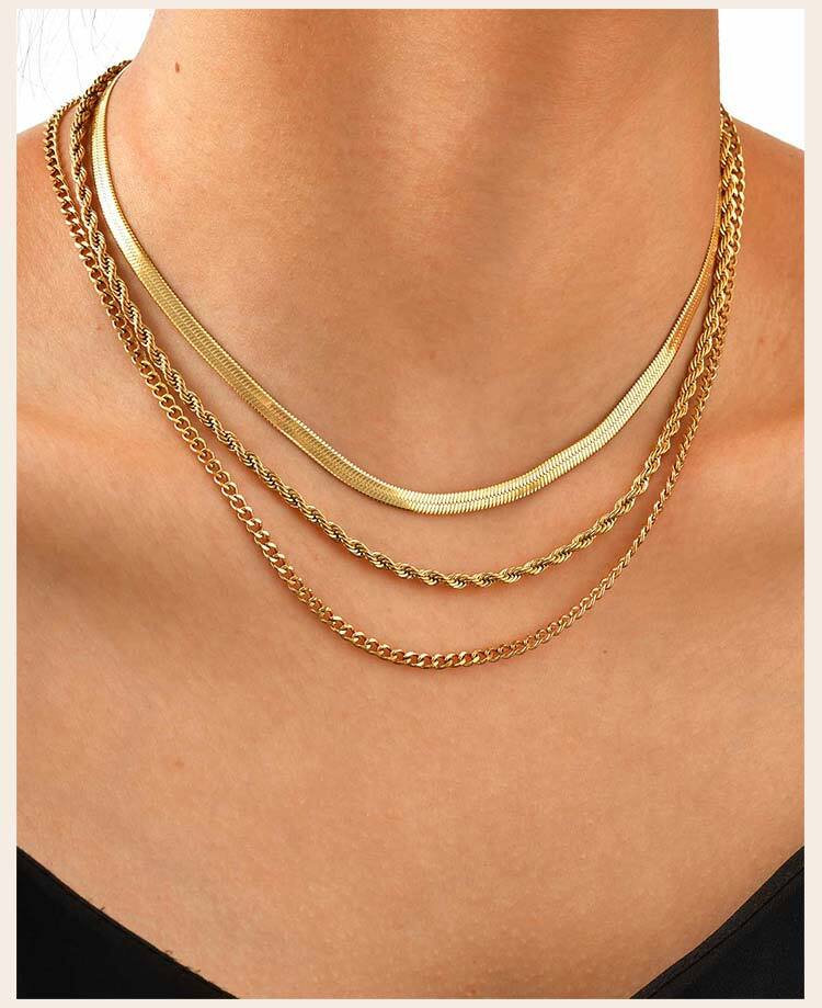 Layered Gold Plated Necklaces Non Tarnish, Herringbone/snake/rope/figaro Link Chain for Women, Waterproof Choker Necklace