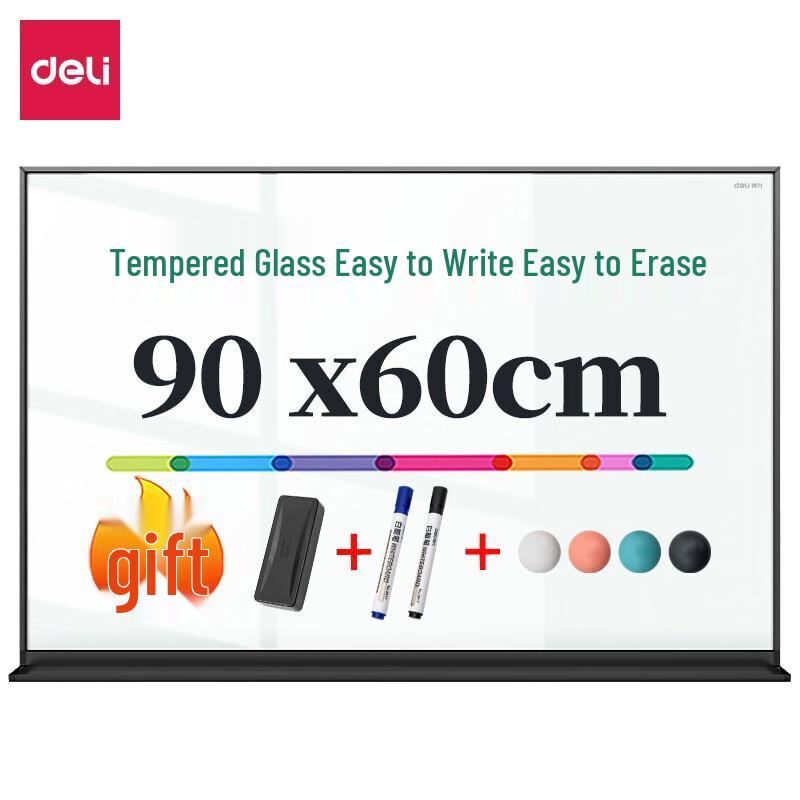 Deli 90x60cm Magnetic Tempered Glass Whiteboard
