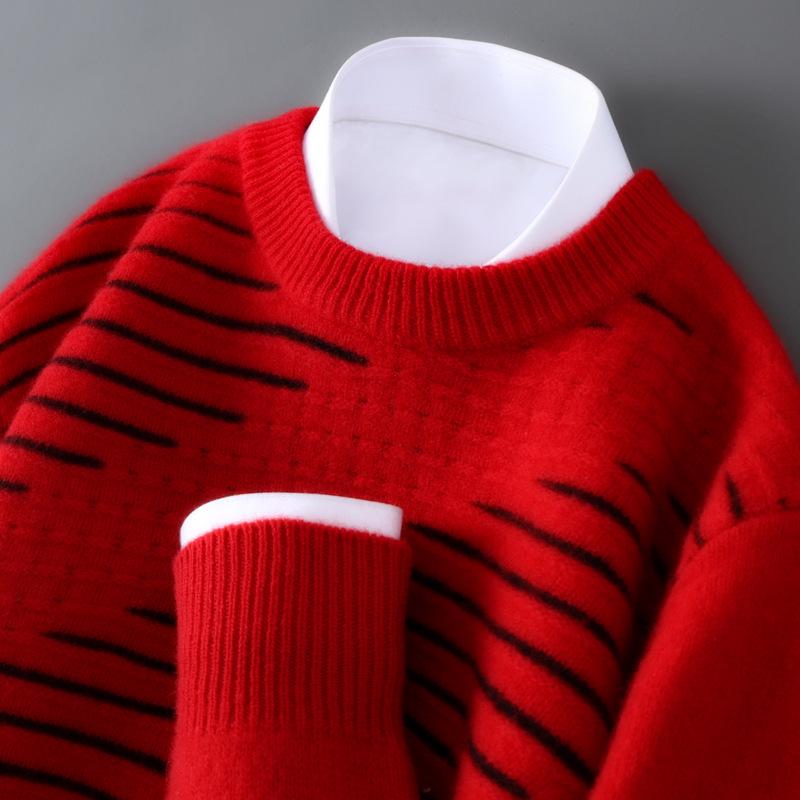 

Men s Striped Color Block Wool Sweater - Thick, Fashionable, Versatile Casual Knit Top Extra Large червоний