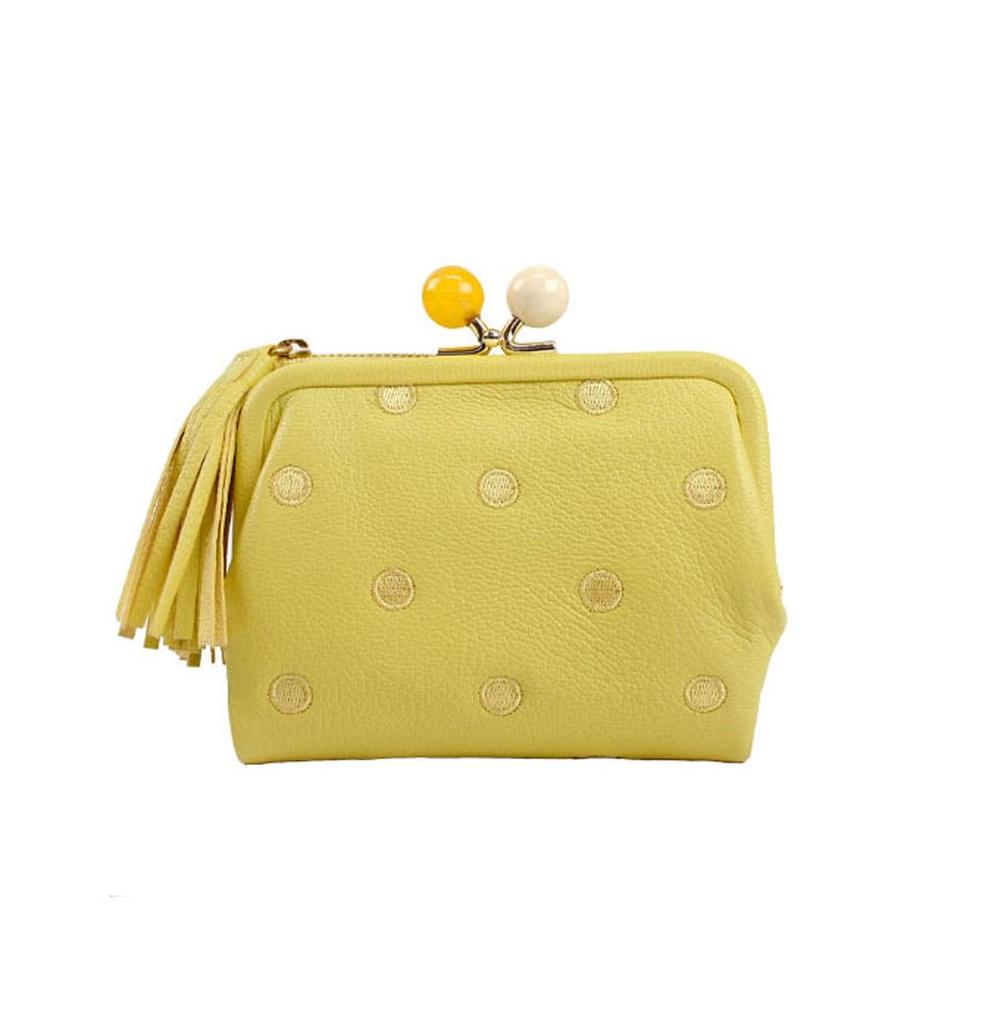 Perche Ambillion Genuine Goat Leather Clasp Purse Wallet for Women, Dot Pattern, Simple, Stylish, and Cute, 08-06-03560 (Yellow Dots)